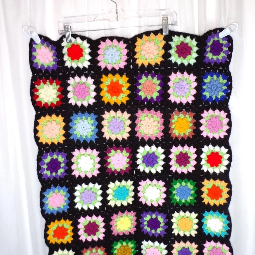 Granny Square Afghan Black 3D Flowers Throw Lap Blanket Small 34” X 25”